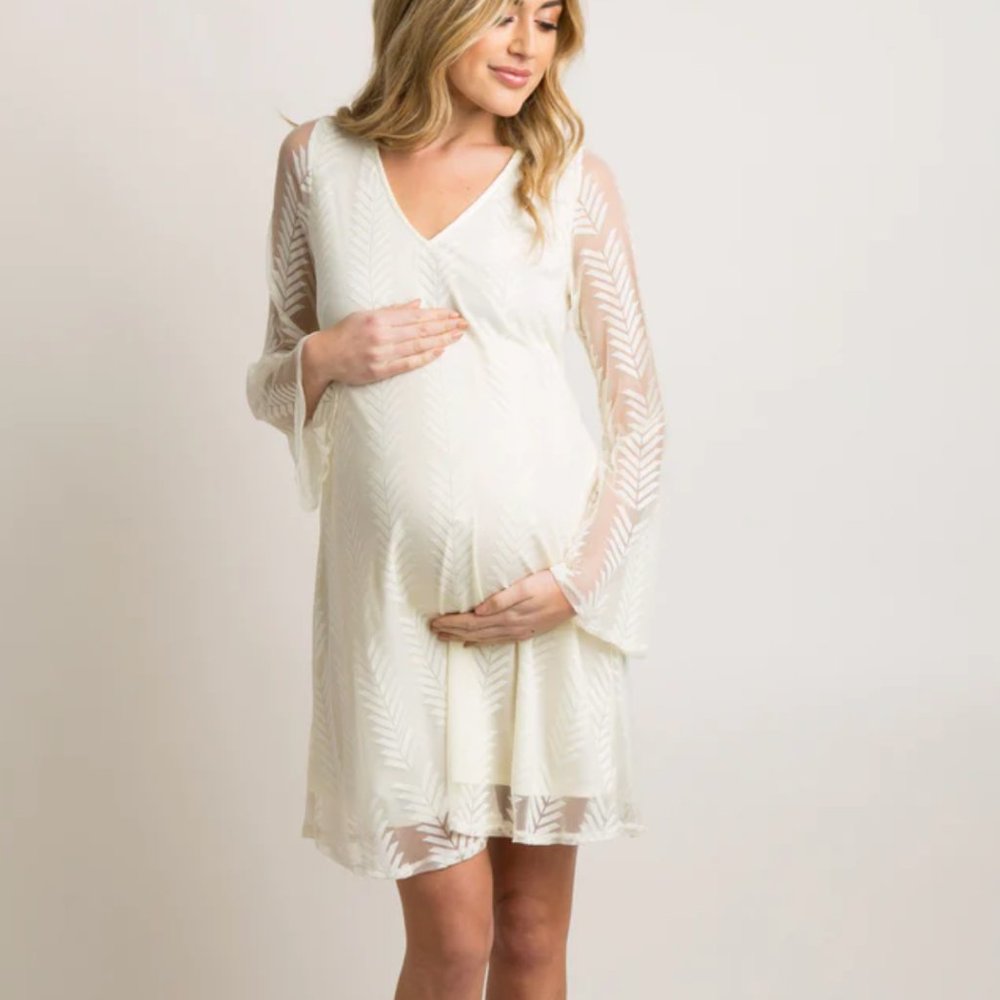PinkBlush Ivory Chevron Mesh Overlay Maternity Dress